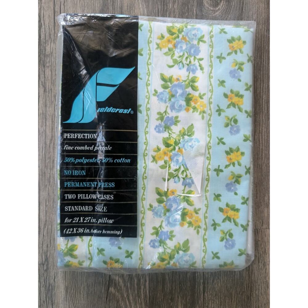 Vintage Fieldcrest Perfection French Ribbon Blue Floral Pillow Cases 2 Standard